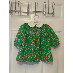 Vintage Polly Flinders Green Floral Hand Smocked Dress Diaper Cover Set Size T3